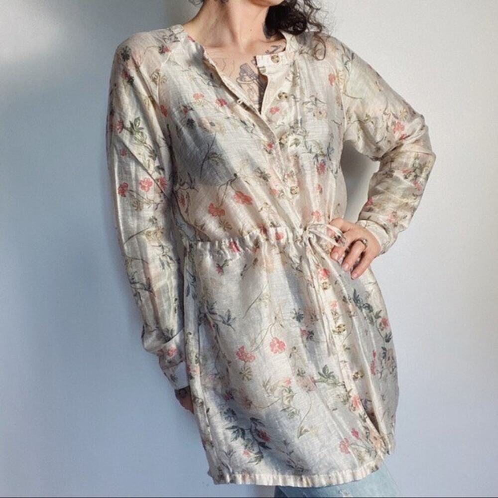 J. Jill EUC Women's Sheer Floral Linen Blend Button Tie Waist Tunic Blouse MP
